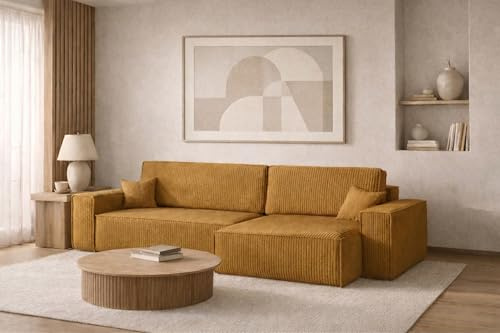 Kaiser Möbel - Ecksofa mit Schlaffunktion und Bettkasten, Schlafsofa mit Bettzeugbehälter, Wohnlandschaft L-Form, Klappsofa, Cord Stoff, Bequemes Couch für Wohnzimmer, Best XL, Senffarbe, Rechts