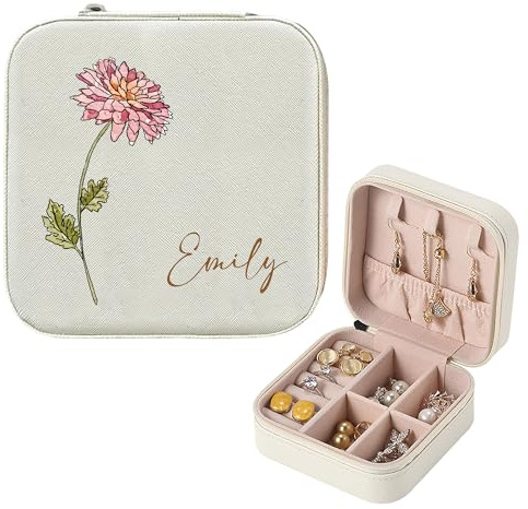 Personalised Jewellery Box Gifts for Women Travel Jewellery Box Birth Flower Leather Jewellery Organiser for Birthday Wedding Custom Gifts for Christmas Her Daughter Bridesmaid (White, Design 2)