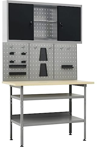Werkbank mit 3 Werkzeugwänden und 1 Wandschrank, Arbeitstisch, 300 kg Tragkraft, Hobelbank, Montagetisch für Garage, Werkstatt und Schuppen, 120 x 60 x 85 cm