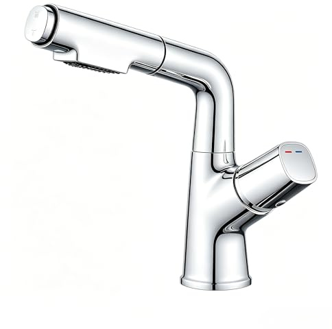 kisimixer Mitigeur Lavabo avec Douchette Extractible, Robinet Lavabo Salle de Bain Pivotant à 360°(2 Modes, Bec Hauteur 19 cm, Réglable en Hauteur, sans Bonde, sans Tirette de Vidage), Chromé