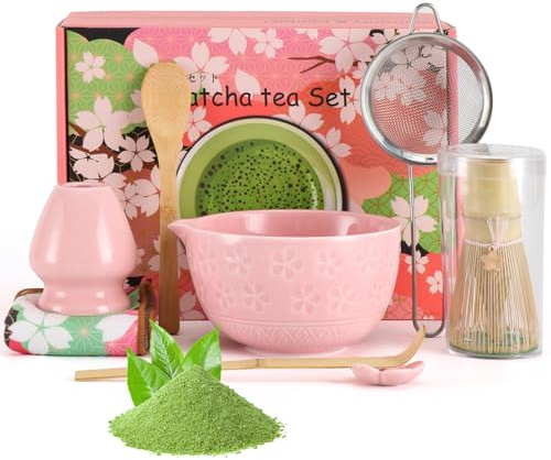 OneChois Juego de té matcha rosa, juego de té matcha, escoba de matcha, cuenco para macha, soporte para whisks, pala, colador, toalla de vajilla, juego de 8 piezas de Matcha, Macha, Matcha Latte