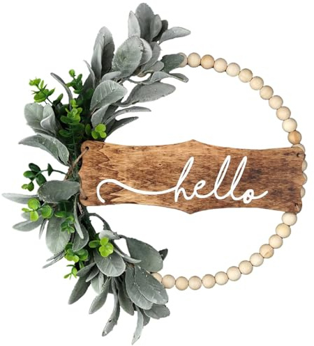 Türkranz-Kranz für die Haustür mit Holzperlen,32 cm/12.59 Zoll grüner Frühlings-Sommer-Kranz, Hello Zeichen Künstliche Kranz Deko Kleine Türkranz -Wände Dekoration (A)