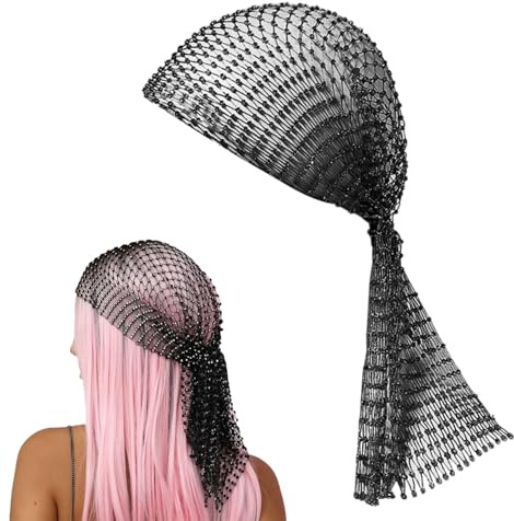 RuiChy Netz-Stirnband mit Strass, ausgehöhlt, Glitzer-Pailletten, Kopftuch, Schleierkappe, elastisch, Nachtclub-Kopfbedeckung, Turban-Kappen, Haarschmuck für Frauen (schwarz)