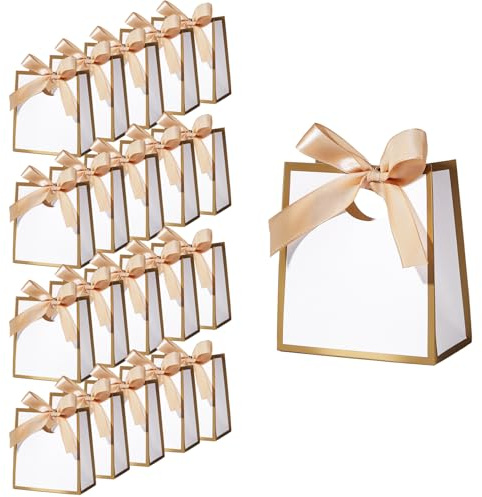 20 Stück Mini Geschenktüte Weiß und Gold Kleine Geschenktaschen mit Schleife für Hochzeit, Geburtstag & Party