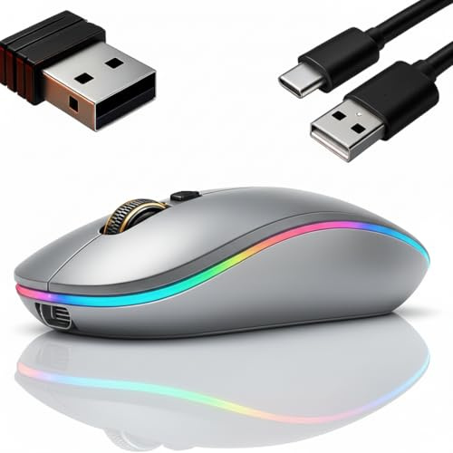Wireless Mouse – Slim LED 2.4Ghz Rechargeable Wireless Mouse for Laptop Computer Mouses, Silent Mouses Wire less for Gaming, Portable Cordless Mouse for Windows, laptop, PC, Home & Office (Silver)