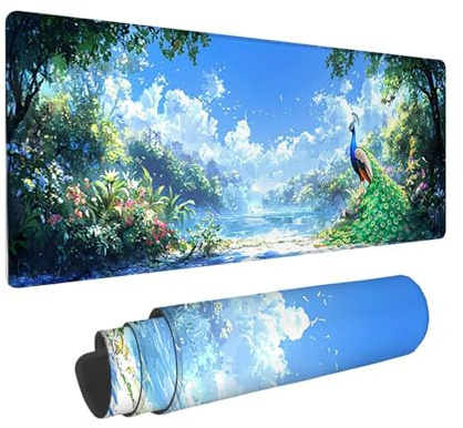 Tapis de Souris de Jeu, 1400 x 600 mm XXL Tapis Souris Gaming Grand, Antidérapant Étanche, iExtended Long Clavier Mouse Pad XXL, Accessoire Bureau, pour Gamer, Ordinateur, PC (Forêt Paon) i-681