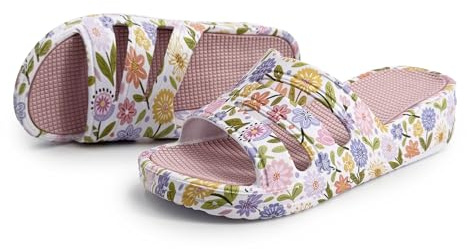 JOMIX Zapatillas de Casa Mujer Verano Estampado Floral Cuña Baja Suave y Amortiguada Plantilla Texturizada Antideslizante Impermeables Secado Rápido Casa Playa Piscina Ducha