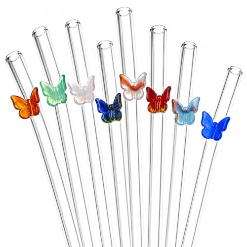 GET FRESH Reusable Glass Drinking Straws Set - 8pcs Borosilicate Clear Shatter Resistant Glass Straws with Handmade Colorful Butterfly Charms for Cocktail and Drinks