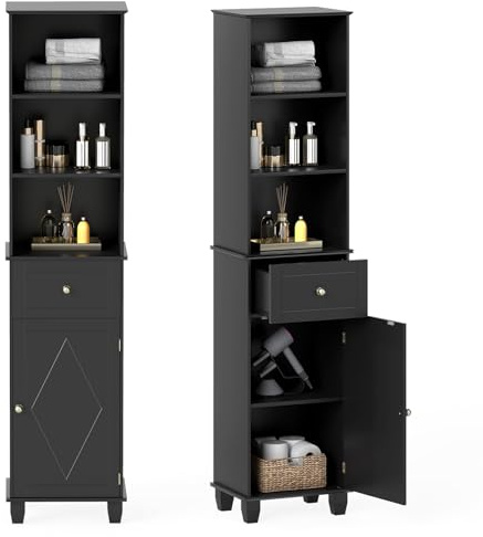 GIANTEX 172 cm högt badrumsskåp, badrumskolumn med 3 öppna hyllor, 1 låda, 1 dörr och justerbar hylla, utrymmesbesparande, förvaringsskåp för kök, vardagsrum (svart)