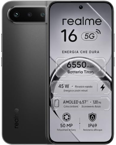 realme 16 5G Smartphone 8+256 GB, Batería Titan 6550mAh, Carga rápida 45W, Cámara con IA de 50 MP, 120Hz Refresh Rate AMOLED 4200nits, IP69, Teléfono Móvil con IA, Negro