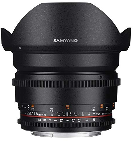 Samyang F1322701101 - Objetivo para vídeo VDSLR para Canon EF (Distancia Focal Fija 16mm, Apertura T2.2-22 ED AS UMC CS II, diámetro Filtro: 77mm), Negro