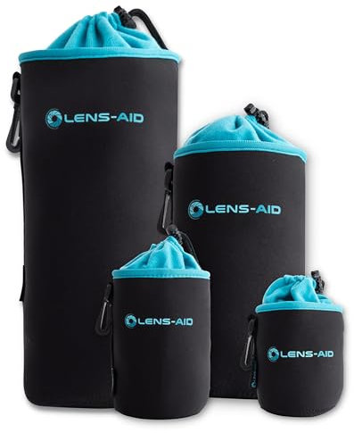 LENS-AID Neopren Objektivbeutel mit Fleece-Fütterung als Set oder einzeln Objektivtasche BZW. Köcher als Schutz für Objektiv, Blitz, Monitor, Kamera-Zubehör - 4er Set (S,M,L,XL)