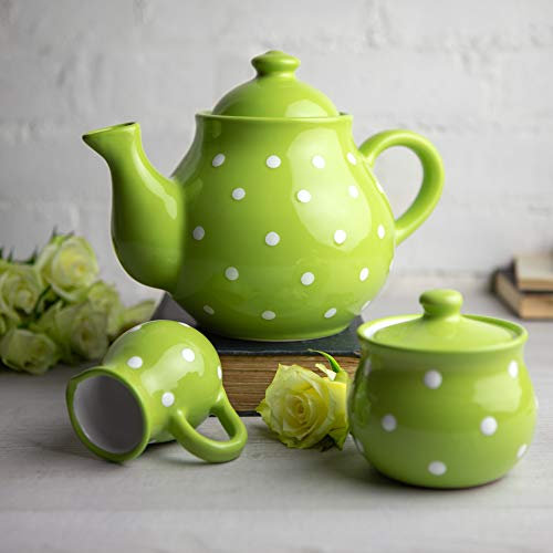 City to Cottage® Set Grande de Tetera, Jarra de Leche y Azucarero de Cerámica con Diseño de Lunares Hecho y Pintado a Mano en Verde Lima y Blanco, 1,7 L/60 oz/4-6 Tazas