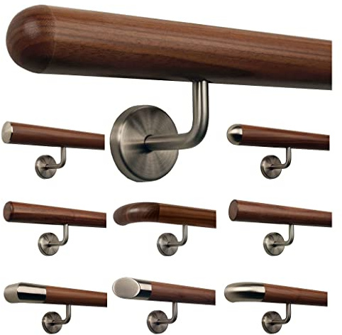 TIBU Ami Nussbaum Geländer Handlauf Treppe Holz Griff gewinkelt Edelstahlhalter, Länge 30-500 cm - Variante: 30 cm mit 2 Halter und Ende Halbkugel gefräst