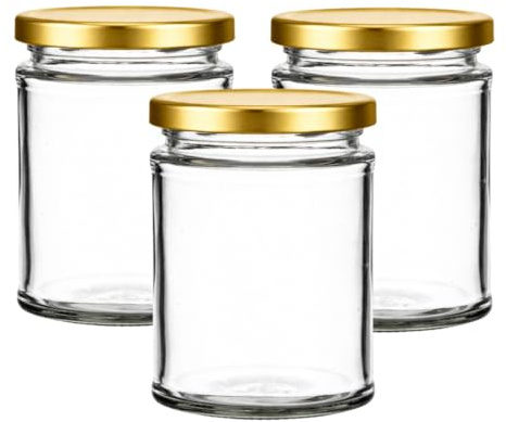 Set of 12x 300ml Panelled Jam Jars | 300ml Jam Jars | Including Gold Twist Off Caps | Glass Jars | Preserve & Chutney Jars | J&B