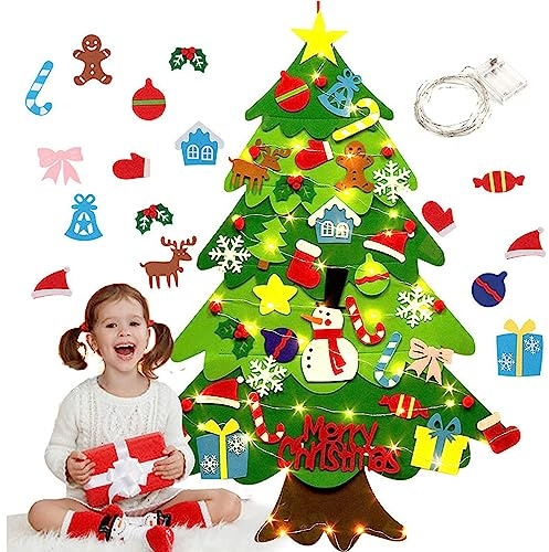 WDEC Fieltro Árbol de Navidad, Árbol de Navidad DIY con 50 Luces LED 34 Unids Adornos para Niños Puerta del Hogar Decoración de Pared, Navidad Decoración los Ornamentos Desmontables