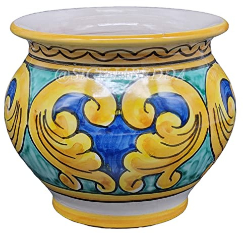 Sicilia Bedda - VASO IN CERAMICA SICILIANA - Prodotto Artigianale di Alta Qualità - Altezza 14 CM Diametro 15 Cm (Cuore su Maioliche)