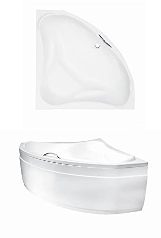 ECOLAM® symmetrische Badewanne Acryl Eckbadewanne Ewa 134x134 cm + Acryl Schürze + Handgriff Chrom Ablaufgarnitur Ab- und Überlauf Automatik Füße Silikon Komplett-Set