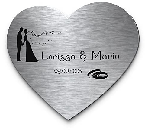 Hochzeitsschild aus Edelstahl Herzform mit Namen oder Spruch & Brautpaar | Persönliches Geschenk zur Hochzeit | Wetterfest mit vielen Motiven zB für die Hochzeitsbank