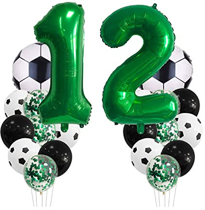 Chaungfu Fußball Geburtstagsdeko 12 Jahr Kindergeburtstag Deko Jungen Großes Luftballon Geburtstag Dekorationen Zahl Ballon, FolienBallon, Grüner Konfetti Ballon für Themenfeier