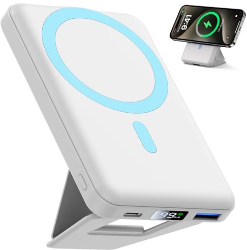 Batterie Externe iPhone Magnétique Pliable,Compatible avec MagSafe,YAGOPAL 10000mAh sans Fil Power Bank Charge Rapide PD 22.5W,Affichage LED, pour iPhone17/16/15/14/13/12 Series(Blanc)