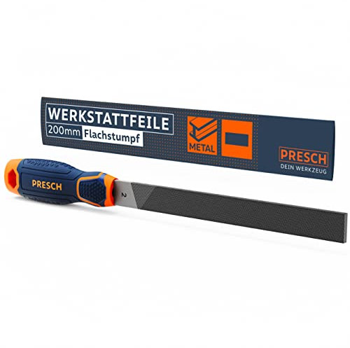 Presch Werkstattfeile Flachstumpf 200mm mit Kreuzhieb H2 - Dreiseitiger Hieb zum feilen rechtwinkliger Werkstücke aus Metall und Holz - Hochwertige Flachfeile