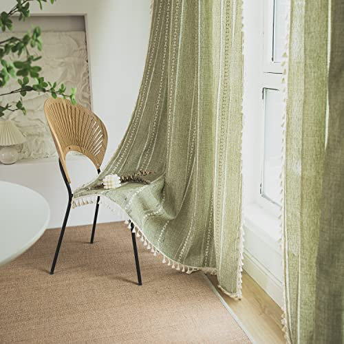 SASIGAYA Durchbrochene Bestickte Vorhänge Boho Gardinenschals mit Ösen Baumwolle Leinen Wohnzimmer Lichtdurchlässige Vorhänge für Schlafzimmer Wohnzimmer Kinderzimmer 2 Stück Grün(140×140cm