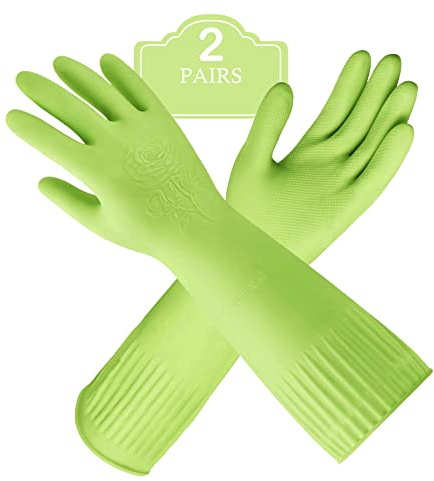 Disfore 2 Pairs of Durable Rubber Gloves, Reusable Non-Slip Cleaning Gloves, Long-Sleeved Waterproof Dishwashing Gloves to Protect Hands, Soft and Comfortable Premium Kitchen Gloves,Small Green