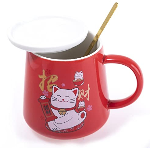 lachineuse - Tasse Katze Maneki Neko 250 ml – rote Tasse aus Porzellan mit Deckel & Löffel – japanische Tasse für Tee & Kaffee – japanische Katze Kawaii Lucky Cat – Geschenkidee Japan Asien
