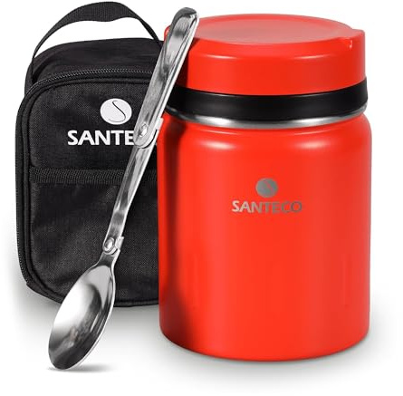 SANTECO Thermobehälter für Essen 500ml, 18/8 Edelstahl Warmhaltebehälter Speisegefäß für Essen mit Löffel und tragbaren Isolierbeutel, 24 Stunden Kalt (rot)