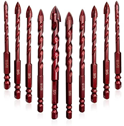 FEWELL Masonry Drill Bits 10 Pcs, Concrete Drill Bit Set Size 3/16 to 1/2, Professional High Cobalt Drill Bit Set for Tile Glass Metal Brick Concrete Ceramic Plastic Wood