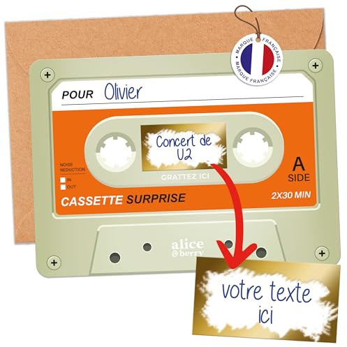 Aliceandberry - Tarjetas para rascar y rascar para regalo de conciertos, festival, música para regalar, cumpleaños, EVJF, fiesta de pareja, personalizable, diseño retro vintage, color beige