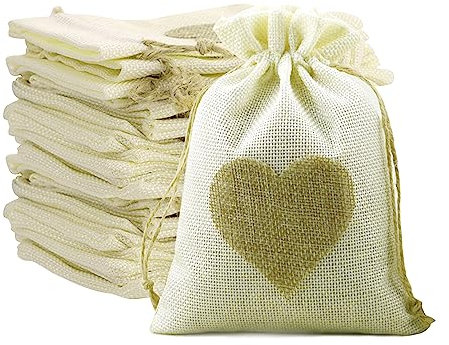 dogmoon Sacchetti di iuta, 13 x 18 cm, con coulisse, a forma di cuore, in lino, per gioielli, fai da te, per matrimoni, feste, Natale, 20 pezzi