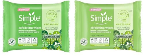 Simple biodegradable Exfoliating Face Wipes cleansing wipes to smooth skin and unclog pores for sensitive skin 20 pc (Pack of 2)