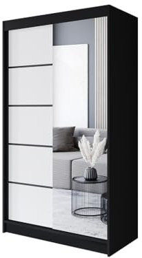 Easy4You P3 120 cm Black/White Sliding Doors Wardrobe 120 x 200 x 58 cm with Mirror - Bedroom Furniture, Storage - Multi-Purpose Cabinet