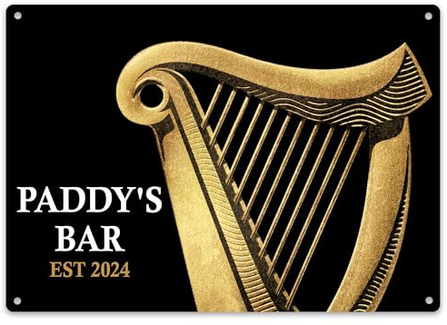 Purple Print House Personalised Irish Harp Metal Sign Garden Pub St Patricks Paddy Day Ireland Cláirseach Plaque, Large, White