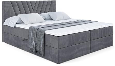 ALTDECOR Boxspringbett mit Matratze und Lattenrost, Boxbett, Topper, Polsterbett mit Bettkasten, Bett mit Stauraum H3-Matratze, Doppelbett, Springboxbett - ERNINA - 200x200 - Dunkelgrau Samt