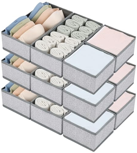 DIMJ Organizadores de Cajones 12 Cajas de Almacenaje Plegables de Tela Organizadores de Armarios Separadores de Cajones Cubos de Almacenaje para Sujetadores, Calcetines, Corbatas, Gris Clásico