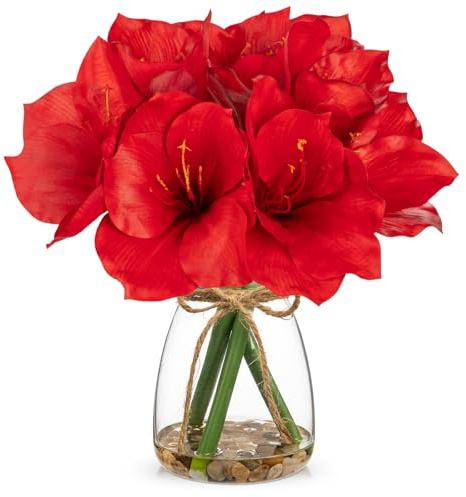 Kunstblumen Amaryllis Künstliche Blumen in Vase Kunstpflanzen mit Blüten | Arborus 30 CM Rot Fake Blumen im Glas Dekoblumen für Tisch Regal Deko im Wohnzimmer Schlafzimmer Badezimmer Büro Hotel
