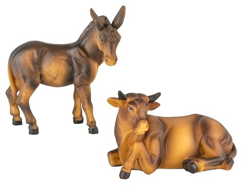 MaMeMi Figurines de crèche – Ensemble bœuf et âne [peint à la main, env. 13 x 8 & 10 x 13 cm] pour crèche de Noël et paysages de crèche