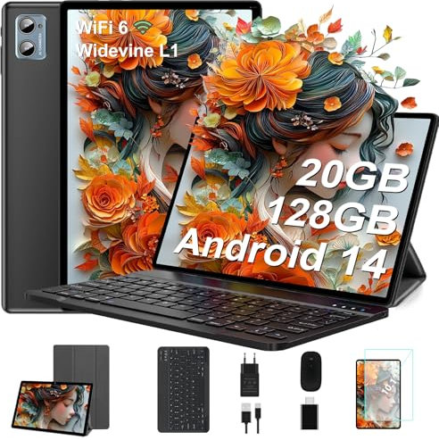 SUAAT Tablette 10 Pouces Android avec 20Go RAM +128Go ROM (2To TF Extensible), WiFi 2.4G/5G, 8-Cores, GMS, 8MP+5MP, Tablette Tactile avec Clavier| Souris| Etui-Noir