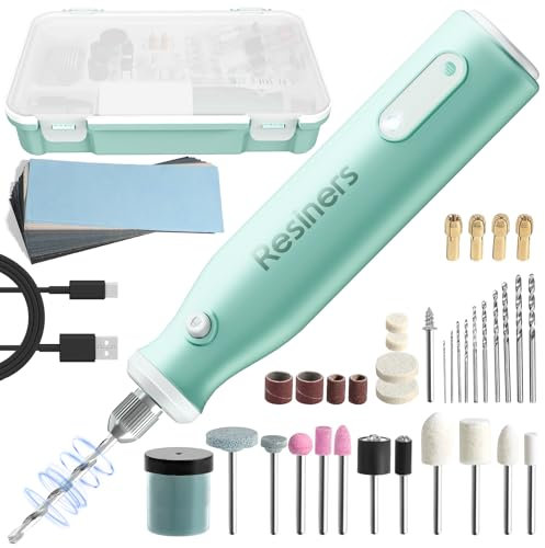 Resiners Kit d'outils rotatifs sans fil,ensemble de perçage et de polissage en résine,réglable sur 5 vitesses,kit électrique de fabrication de bijoux de 54 pièces pour percer,polir,poncer et meuler