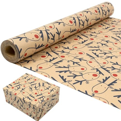Rotolo di carta da regalo per Natale: carta kraft con motivo festivo di alce blu, carta da regalo riciclabile 43 cm x 15 m