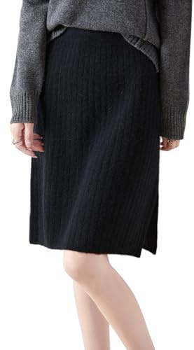 Ailaile Short Skirt Women's Fall Winter 100% Merino Wool Knitted Skirt Girl's Ribbed Elastic Waist Split Skirts Black