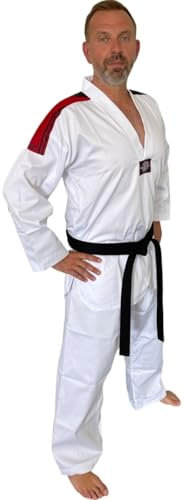 TEKKA BUDO Taekwondo Dobok Basic V-Revers weiß mit Schulterstreifen schwarz-rot - Set (Schlupfjacke, Hose, weißer Gürtel)