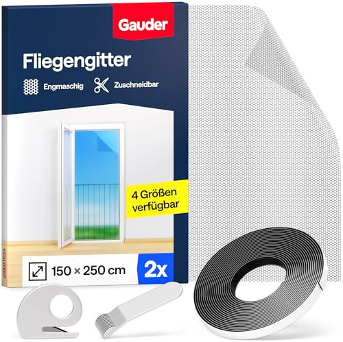GAUDER Fliegengitter für bodentiefe Fenster - Insektenschutz ohne Bohren - Fliegengitter mit Klettband - Fliegennetz aus Polyester - Mückennetz für Fenster & Tür (2 Stück - 150 x 250 cm - schwarz)