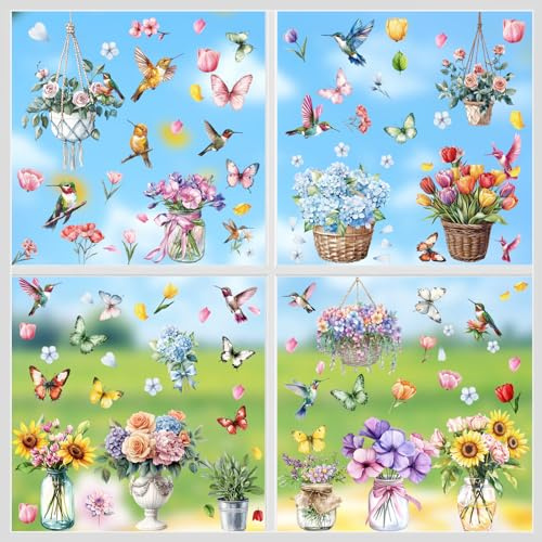 Shinybox Fensterbilder Frühling Selbstklebend, 9 Blätter Fensterbilder Frühling Sommer Schmetterlinge Deko, Blumen Wiederverwendbar, Kinderzimmer Fensterdeko Frühling(G)