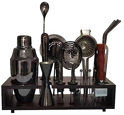 NESPIQ Shaker À Cocktail pour Mélanger Boissons Shaker De Barman d'acier Inoxydable avec des Accessoires De Barre D'ensemble De Shaker De Cocktail D'étagère pour Bar Fête(Black)