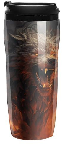 Stanley-Kaffeetasse mit Deckel, 340 ml, Kunststoffbecher, versiegelter Trinkdeckel, Wasserbecher, Teetasse, Wilder Wolf im Feuer, bedruckte Tassen, passt in Auto-Becherhalter