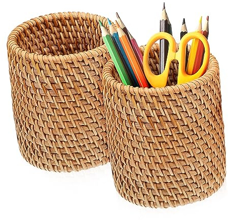 SOPOTUTU Gewebter Bleistifthalter 2Er Set Stiftehalter Rattan Für Den Schreibtisch Stifteköcher Zur Aufbewahrung Von Stiften Make-up Bastelutensilien Und Kleinen Gegenständen 3.94 X 2.95 in